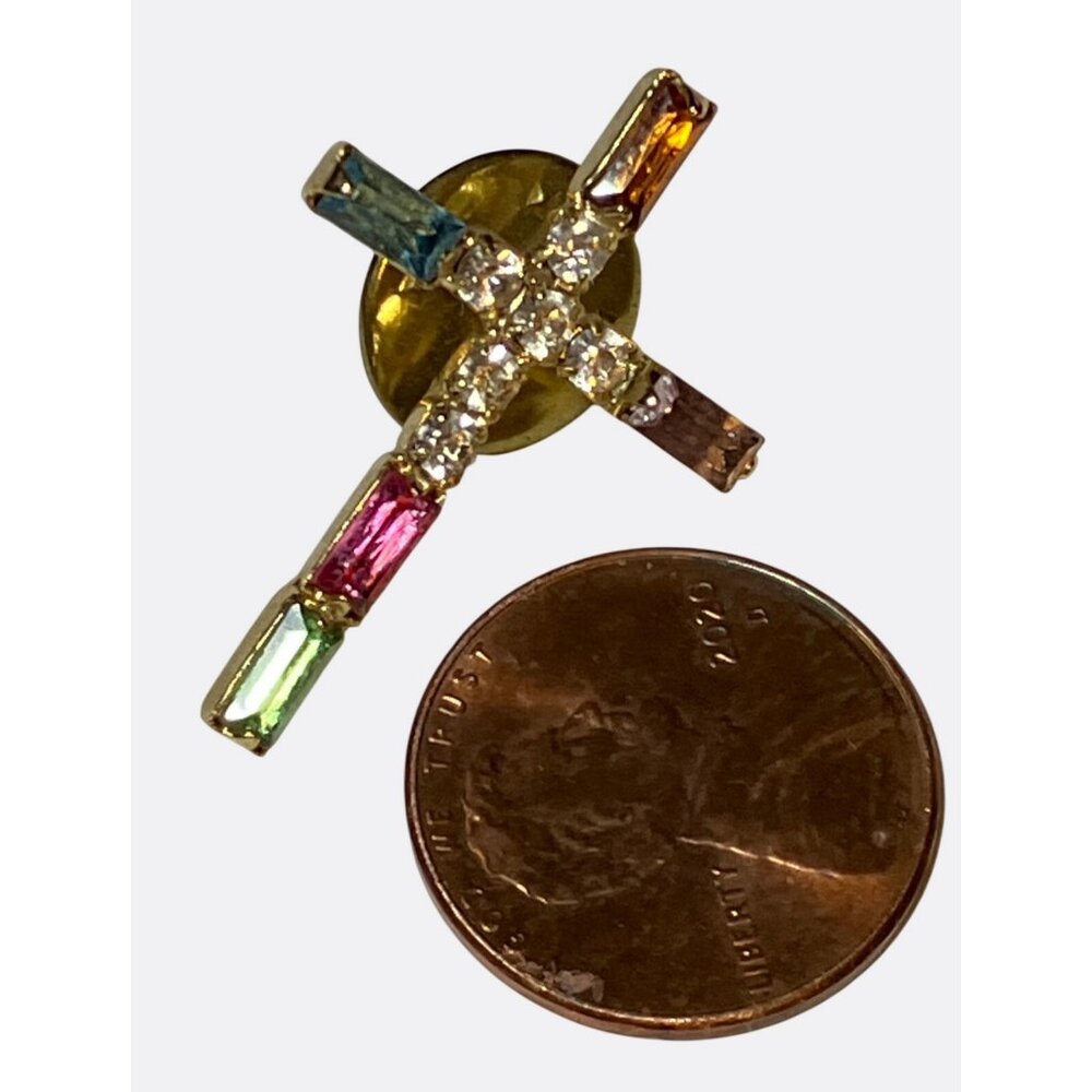 Multicolor Rhinestone Cross Lapel Pin With Gold-Tone Backing - Picture 3 of 7